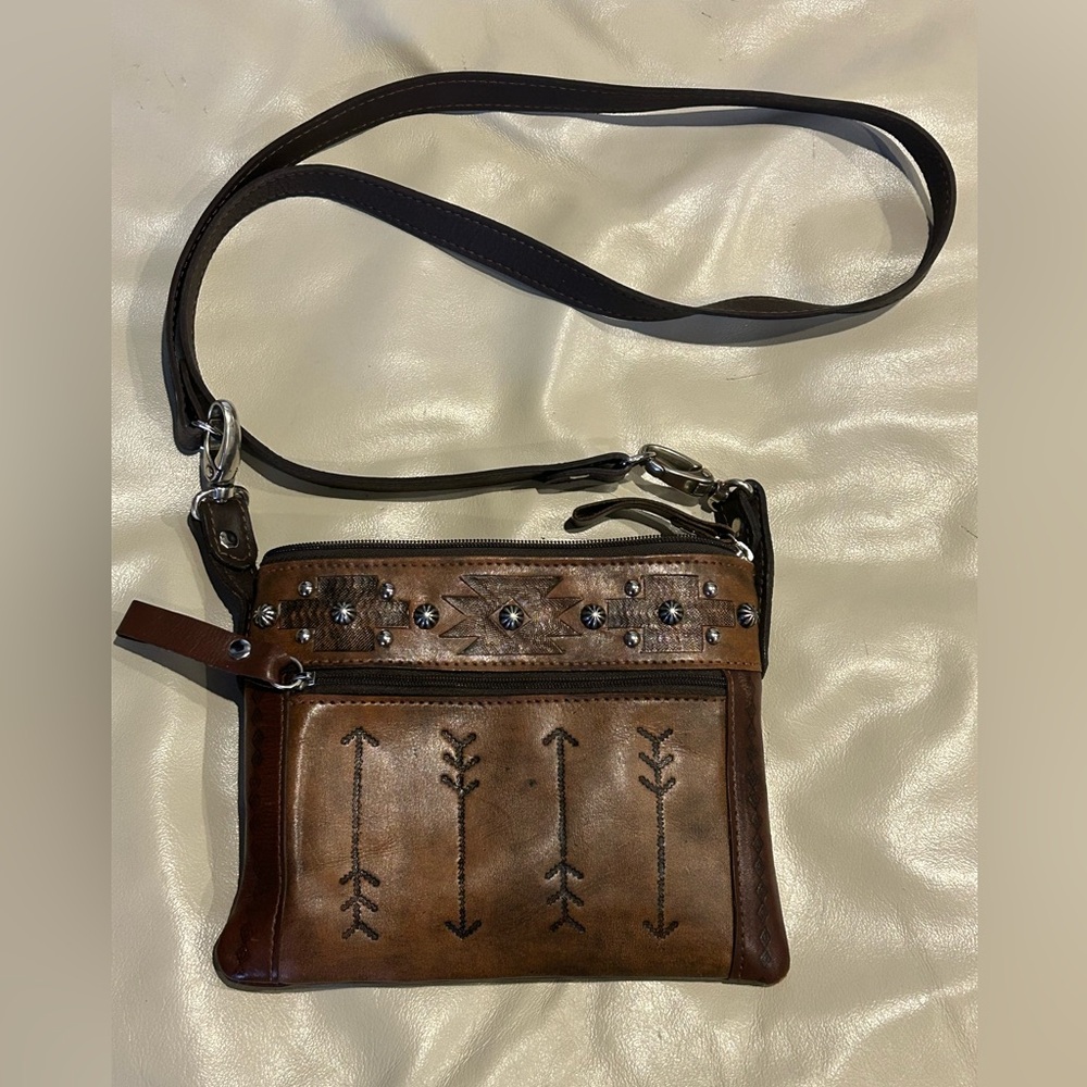 American West Leather Crossbody Bag Western Studded Tooled Brown Purse Small